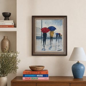 Oljemålning Regnscen med paraplyer, signerad