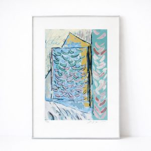 Signerad litografi i ram modern abstrakt komposition