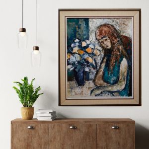 Målning av Stig Hallblom – Flicka med blommor