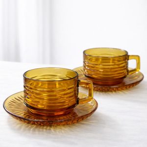 Vintage kaffekoppar med fat i pressglas Vereco, Frankrike 1970-tal